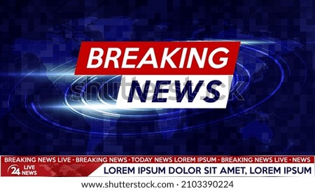 Screen saver on breaking news background. Urgent news release on television. Breaking news live on world map background. Vector illustration.	