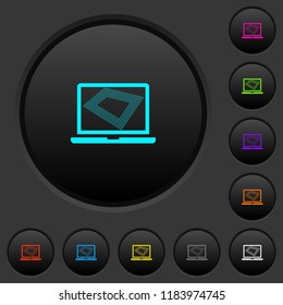Screen saver on laptop dark push buttons with vivid color icons on dark grey background