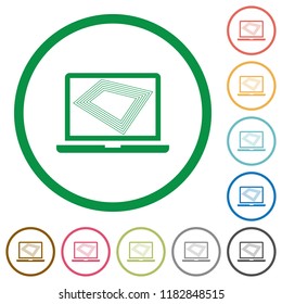 Screen saver on laptop flat color icons in round outlines on white background