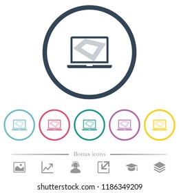 Screen saver on laptop flat color icons in round outlines. 6 bonus icons included.