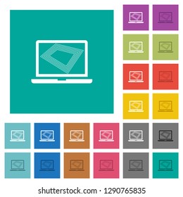 Screen saver on laptop multi colored flat icons on plain square backgrounds. Included white and darker icon variations for hover or active effects.