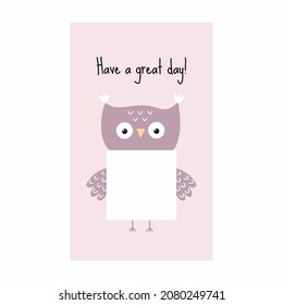 Screen saver on smartphone with place for QR code. Wallpaper with cute owl your phone.