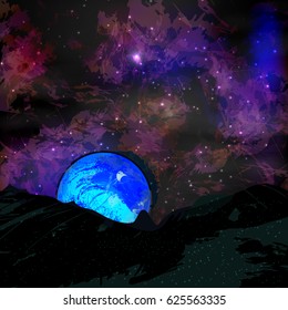 Screen saver space. Background space. Illustrating your design. Blue planet on a background of silhouette landscape landscape