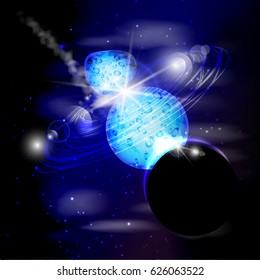 Screen saver space. Background space. Illustrating your design. Planets three in a row. Collision. Waves in the space from impact