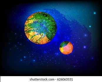 Screen saver space. Background space. Illustrating your design. Planet yellow - green 2 pieces. In watercolor style