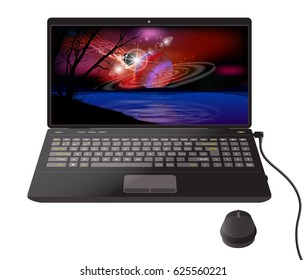 Screen saver space. Hand holding a desktop computer, laptop. Background space. Illustrating your design. Planet with rings on the red sky