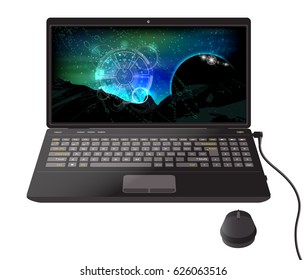 Screen saver space. Hand holding a desktop computer, laptop. Background space. Illustrating your design. The planet is a black dead . modern technologies