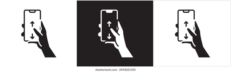 Screen scroll up and down icon, flat icon of finger touching phone screen and phone scrolling, finger gesture scrolling smart phone screen, tapping screen icon vector in black, white and transparent.