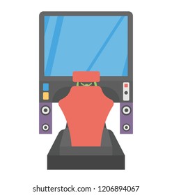 
A screen with seat depicting racing simulator 
