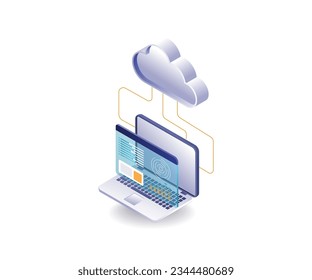 Screen server cloud data analysis flat and isometric illustration