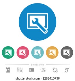 Screen settings flat white icons on round color backgrounds. 6 bonus icons included.