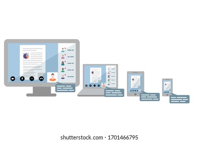 Screen share icon. Flat vector of a remote worker presenting a Word document on screen during a Microsoft Teams video conference call. 