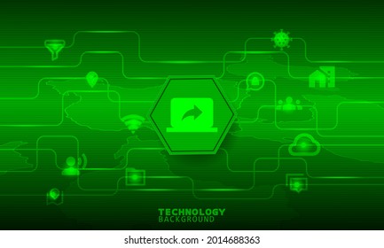 Icono de compartir pantalla en un hexágono verde. Concepto de conexión y comunicación.
