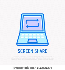 Screen share thin line icon: opened laptop with arrows. Modern vector illustration.