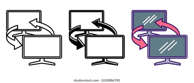 Screen Sharing icon represented by two screen connecting Line, Filled, Color style.