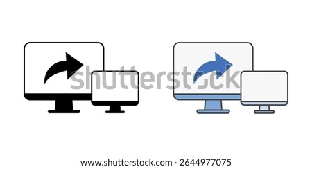 Screen sharing session icon with monitor, arrow, and second screen, in outline and color styles, ideal for illustrating remote IT assistance, collaborative troubleshooting, and live desktop sharing.