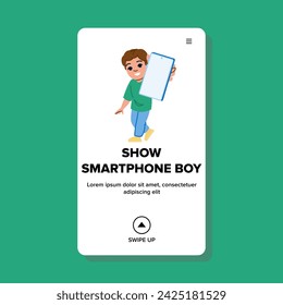 Bildschirmpräsentation Smartphone Boy Vektor. Mobile Person, Model Guy, ING Stand Bildschirm Show Smartphone Boy Web Flat Cartoon Illustration