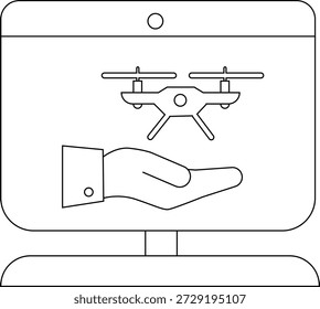 Pantalla que muestra un dron sobre una mano delineando imágenes tecnológicas