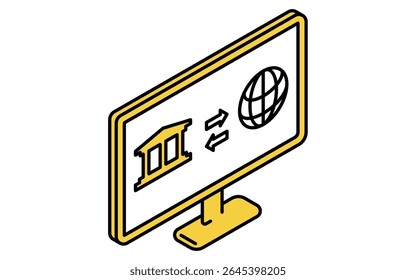 Tela mostrando transferência de moeda estrangeira em banca pela internet ícone de desenho de linha simples, ilustração isométrica de finanças globais, Ilustração de vetor