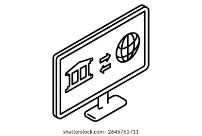 Tela mostrando transferência de moeda estrangeira em banca pela internet ícone de desenho de linha simples, ilustração isométrica de finanças globais, preto e branco, Ilustração de vetor