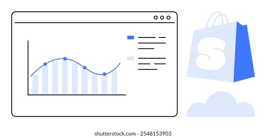 Una pantalla que muestra un gráfico con una línea de tendencia y un gráfico de barras junto a una bolsa de compras azul y una nube. Ideal para comercio electrónico, análisis de negocios, compras en línea, presentación de datos, marketing digital