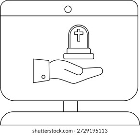 Screen showing hand offering grave monument