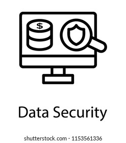
A screen showing magnifier with safety shield and stack of  coins describing the concept of data security 
