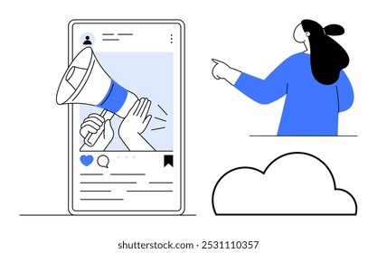 Una pantalla que muestra una publicación en las redes sociales con una mano que sostiene un megáfono y una persona que lo señala. Ideal para marketing, compromiso digital, promociones, estrategias de redes sociales, comunicación en línea