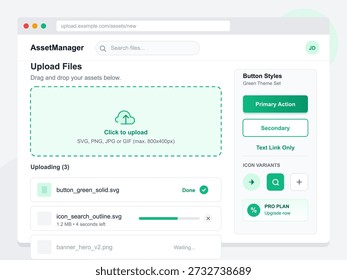 La pantalla muestra un Sistema de administración de elementos para cargar archivos. Los usuarios pueden arrastrar y soltar sus recursos mientras seleccionan varios recursos de diseño. La interfaz es limpia y fácil de usar.