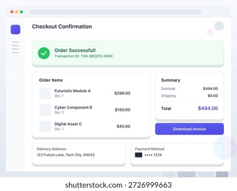 La pantalla muestra una confirmación de un pedido en línea completado con detalles sobre los artículos comprados, sus Precios y el monto total adeudado. Incluye ID de transacción y Dirección.