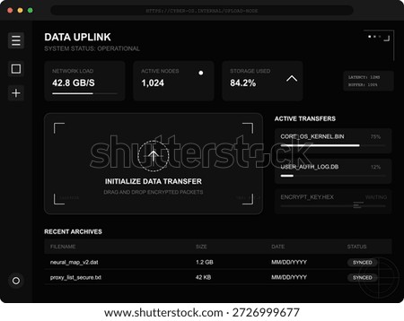 The screen shows a data uplink status display featuring network load, active nodes, storage used, and ongoing data transfers. This digital interface is part of a tech system.