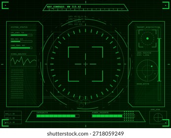 The screen shows a green interface with system status, metrics for CPU load, target acquisition data, and various readings. Different indicators and graphs are visible on the display.