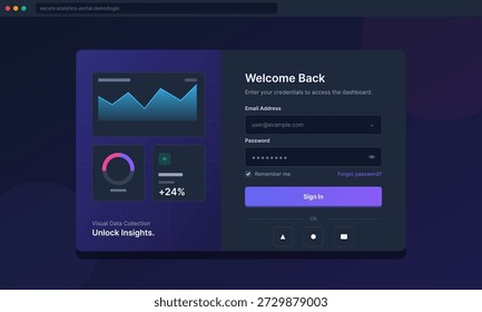 A tela mostra uma área de login com um gráfico, um gráfico de pizza e campos para e-mail e senha. Os usuários inserem seus detalhes para acessar o painel para insights de dados.