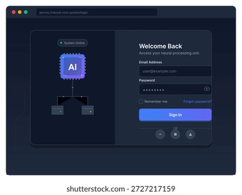 A tela mostra uma interface de logon para um sistema de processamento neural. Os usuários podem digitar seus e-mails e senhas para obter acesso. O design é moderno com temas tecnológicos claros.