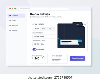 A tela mostra as configurações de sobreposição de um aplicativo digital. Ele exibe opções para personalizar títulos de texto e tarefas, juntamente com detalhes de exportação e armazenamento.