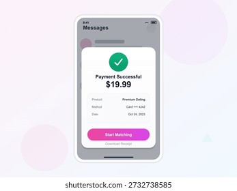The screen shows a payment confirmation for a premium dating service. The transaction amount is $19.99, and the payment date is October 24, 2023.