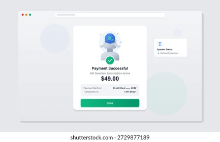 A screen shows a payment successful message for a subscription service. It includes the transaction amount, payment method, and status of the service activation.