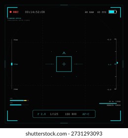 A screen shows the recording settings for a camera. It displays details like exposure, frame rate, and ISO. The layout features a grid and indicators in a dark background.