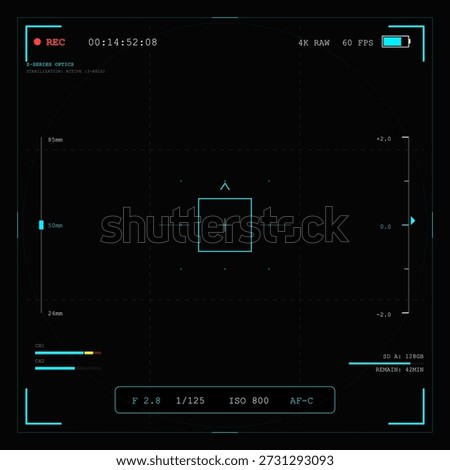 A screen shows the recording settings for a camera. It displays details like exposure, frame rate, and ISO. The layout features a grid and indicators in a dark background.