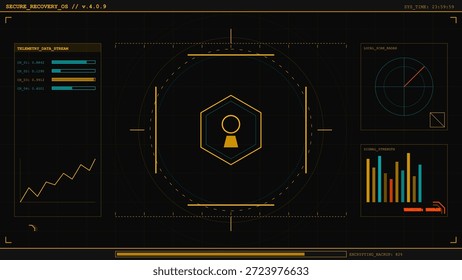 La pantalla muestra un sistema de recuperación seguro con gráficos, estadísticas y un icono de clave de cifrado. La pantalla cuenta con monitoreo en tiempo real de la recuperación de datos y métricas de rendimiento.