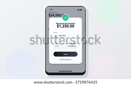 The screen shows a successful payment notification for $1,250. Details include the receiver's name, transaction date, and reference ID.