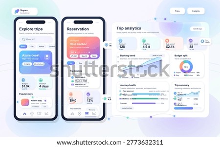 Screen shows a travel app with sections for exploring trips, making reservations, and viewing trip analytics. Users can see options for destinations and budget information.