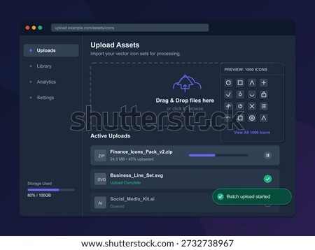 The screen shows an upload area for asset management. Active files are displayed with their names, sizes, and upload status. The user is adding new files.