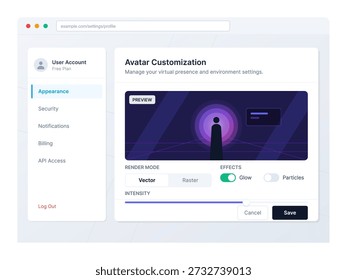 Una pantalla muestra las Configuraciones de Cuenta del usuario para la personalización del avatar. Las opciones incluyen el modo de renderizado, los efectos y los niveles de intensidad. Guardar El usuario puede realizar cambios en sus Configuraciones.