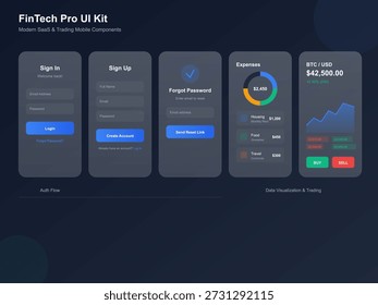 The screen shows a user interface for a FinTech application. It includes sections for sign in, sign up, password recovery, and expense tracking. The layout emphasizes user interaction.