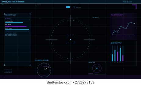 Der Bildschirm zeigt verschiedene Diagramme und Protokolle zur Navigation von Raumfahrzeugen. Zu den Daten gehören Telemetrieprotokolle, Trajektorieabbildungen und die Motorleistung. Dies ist Teil der Missionskontrolltätigkeiten.
