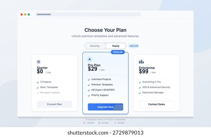 Una pantalla muestra varios Planes de Precios para los servicios, incluyendo Starter, Pro Plan y opciones de Empresa. Enumera características, detalles de Precios y opciones de pago para los usuarios.