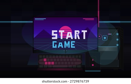 Una pantalla muestra las palabras de inicio del juego en letras en negrita. Un teclado y otros equipos de juego se instalan cerca. La escena tiene un diseño moderno con colores brillantes y gráficos simples.