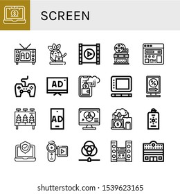 screen simple icons set. Contains such icons as Laptop, Television, Video player, Movie theater, Search engine, Game controller, Tv, Cashless, can be used for web, mobile and logo