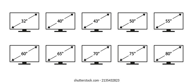 Screen size vector icon set.  Diagonal screen size in 32, 40, 43, 50, 55, 60, 65, 70, 75, 80 inches icons on white background. Vector 10 EPS.